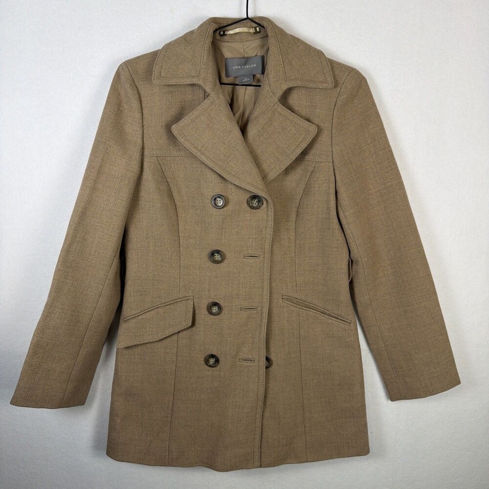 Ann Taylor Womens Size XS Belted Double Breasted Tan Wool Pea Coat Jacket